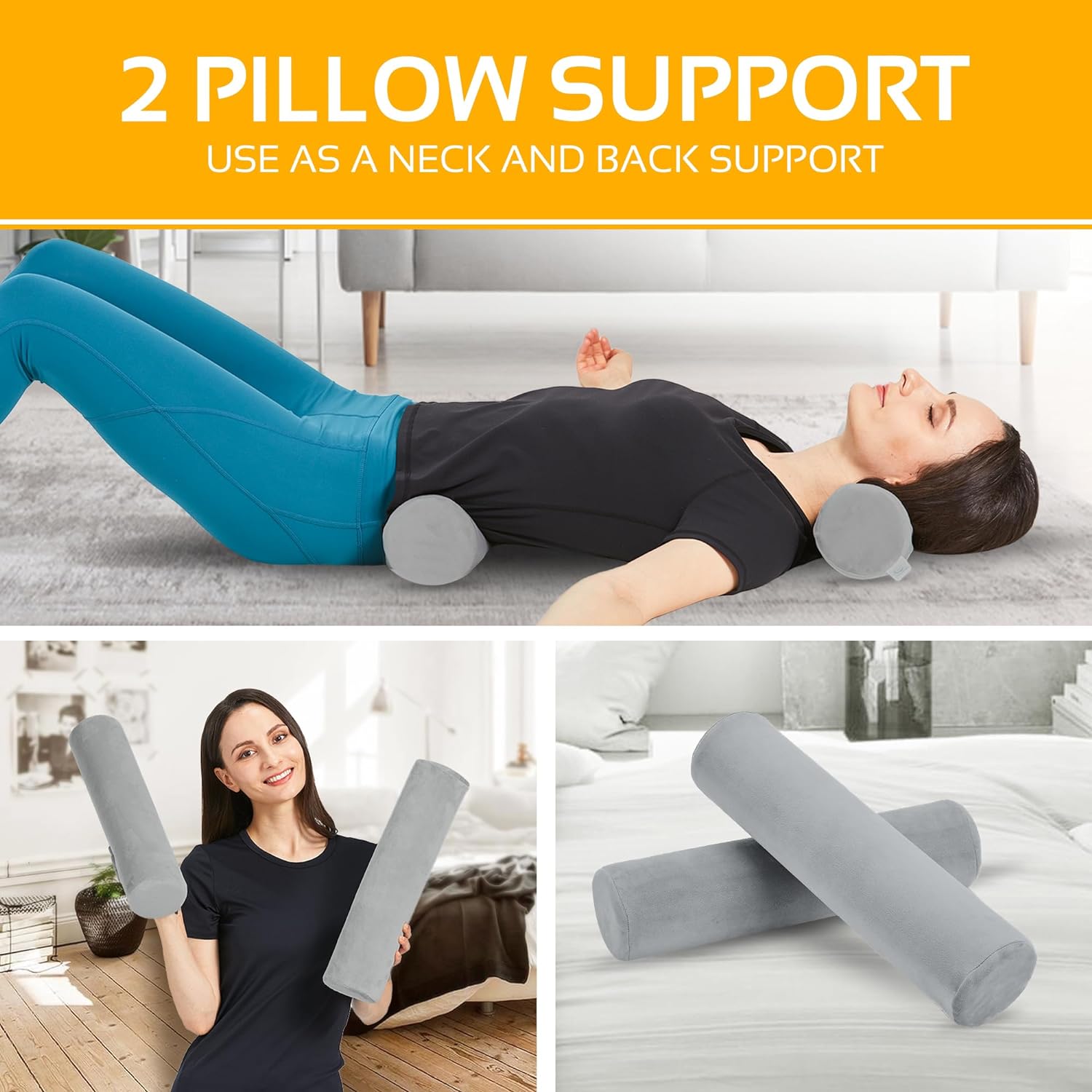 AllSett Health 2 Pack Neck Roll Cervical Pillow for Neck Pain Relief - Memory Foam Neck Pillow for Bed | Round Neck Pillows for Sleeping | Bolster Pillow for Bed, Legs and Back